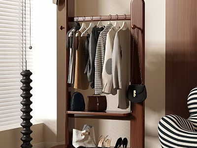 Stylish Clothes Hanging on Wooden Rack with Bags and Shoes in Indoor Corner 3d model