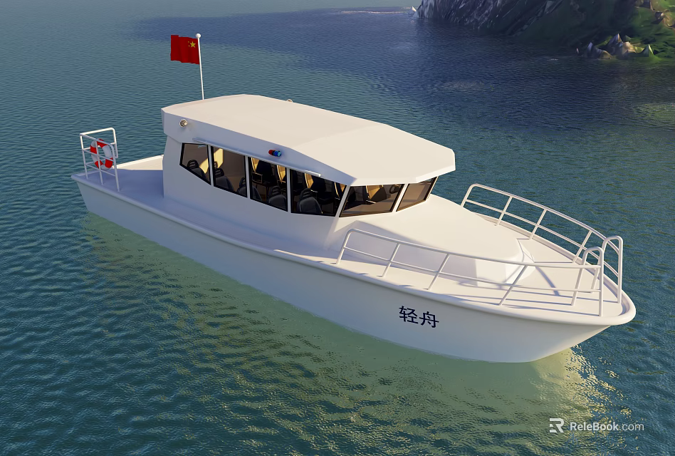 White Yacht With Red Flag Sailing On Blue Water 3d model 