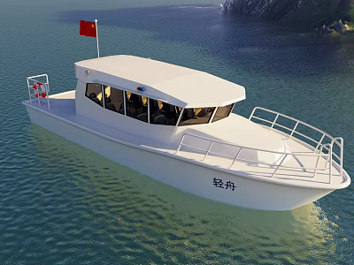 White Yacht With Red Flag Sailing On Blue Water 3d model