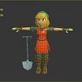 3D Cartoon Game Character With Red Apron Blue Headband Yellow Hair Arms Outstretched And Shovel