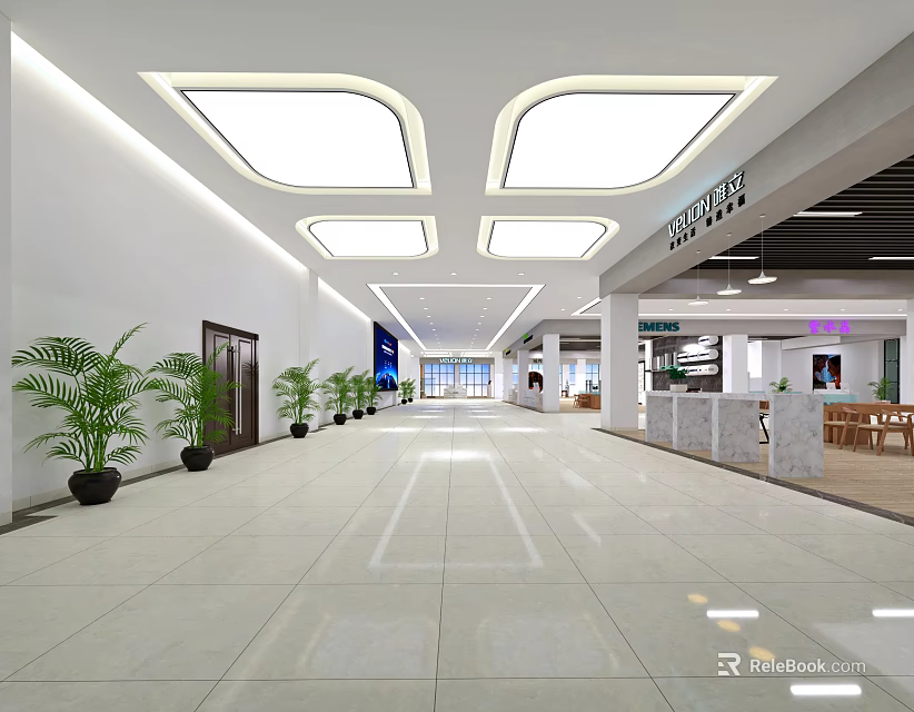 Spacious Lobby Corridor With White Tiled Floor Square Ceiling Lights Green Plants Information Desk And Seats 3d model 