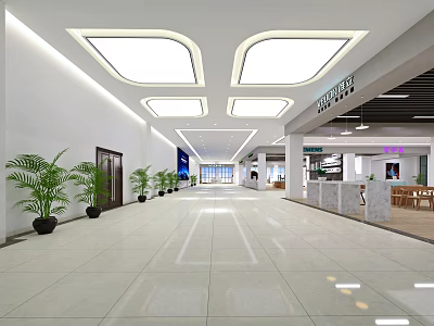 Spacious Lobby Corridor With White Tiled Floor Square Ceiling Lights Green Plants Information Desk And Seats 3d model