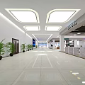 Spacious Lobby Corridor With White Tiled Floor Square Ceiling Lights Green Plants Information Desk And Seats