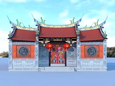 Ancient Chinese Architecture With Red Roof Green Roof Decorations Red Lanterns And Circular Windows 3d model