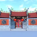 Ancient Chinese Architecture With Red Roof Green Roof Decorations Red Lanterns And Circular Windows