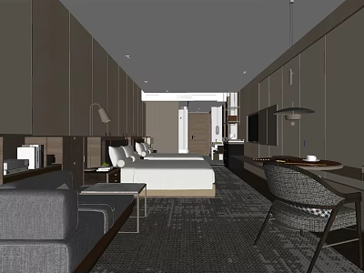 Modern Hotel Room Interior With Double Bed Sofa TV Work Desk And Lamp 3d model
