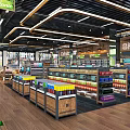 Well Organized Supermarket Interior with Product Shelves Bakery Counter Shopping Carts and Seating Area