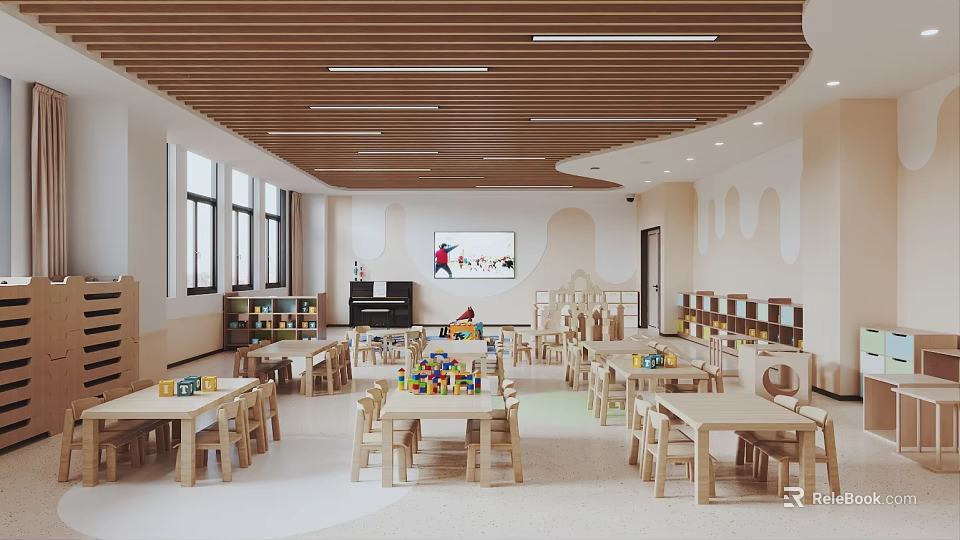 Bright Kindergarten Classroom With Wooden Furniture Digital Screen And Toys 3d model 