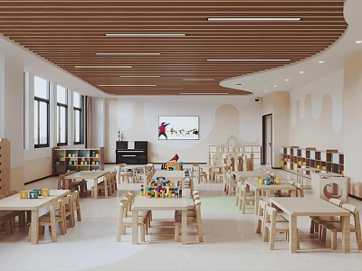 Bright Kindergarten Classroom With Wooden Furniture Digital Screen And Toys 3d model