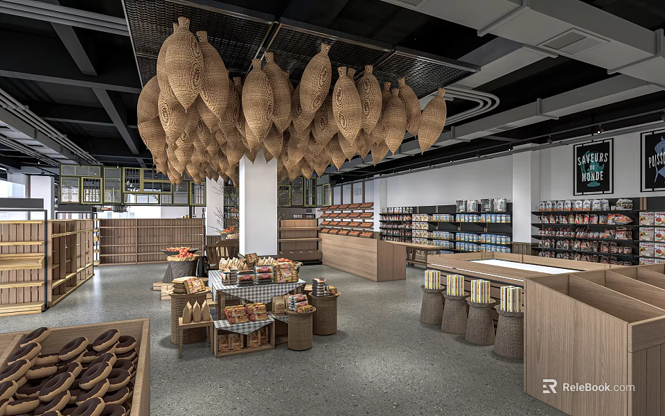Modern Mall Shop With Hanging Wicker Decorations Wooden Counters And Shelves Displaying Assorted Products 3d model 