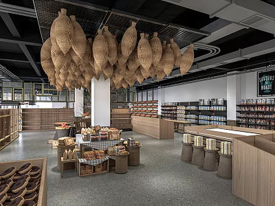 Modern Mall Shop With Hanging Wicker Decorations Wooden Counters And Shelves Displaying Assorted Products 3d model