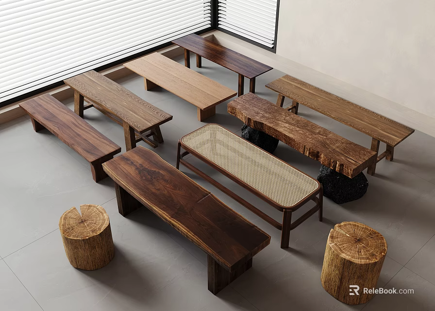 Wooden Benches And Stump Stools In Modern Minimalist Indoor Space With Various Designs 3d model 