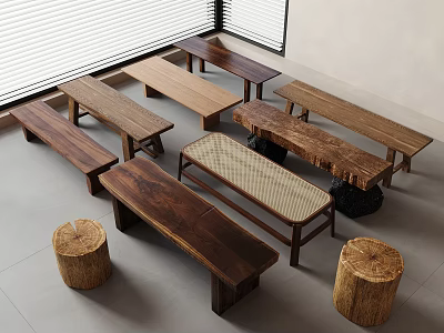 Wooden Benches And Stump Stools In Modern Minimalist Indoor Space With Various Designs 3d model