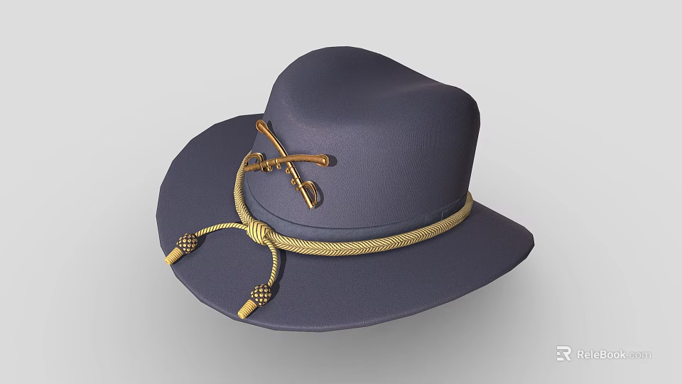 Dark Blue Wide Brim Hat With Yellow Ribbon Gold Buckle And Tassels 3d model 