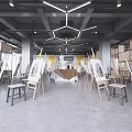 Exhibition Hall Interior Featuring Easels Artworks Hexagonal Pendant Lights And Yellow Shelving Units