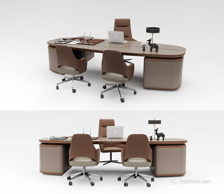Modern Oval Office Desk Setup With Ergonomic Office Chairs Laptop Desk Lamp And Papers 3d model 
