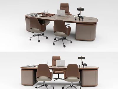 Modern Oval Office Desk Setup With Ergonomic Office Chairs Laptop Desk Lamp And Papers 3d model