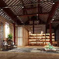 Traditional Chinese Style Interior Featuring Wooden Structure Tiled Roof And Green Plants