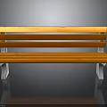 Architectural Outdoor Wooden Bench Featuring Orange Slats White Metal Legs And Smooth Black Ground Reflection