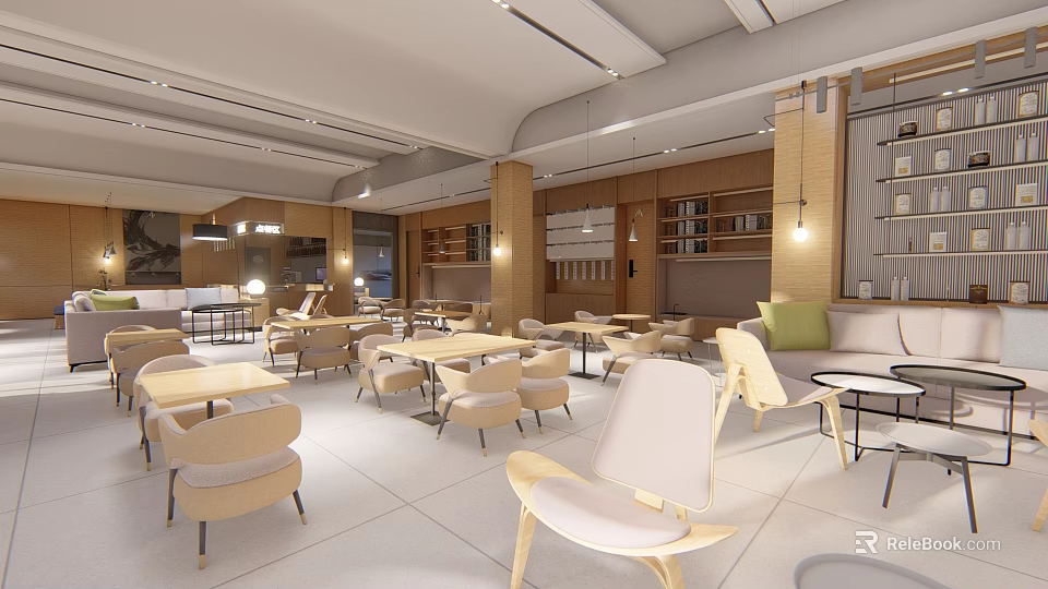 Modern Cafe Interior With Comfortable Tables Chairs Warm Lighting And Cozy Atmosphere 3d model 