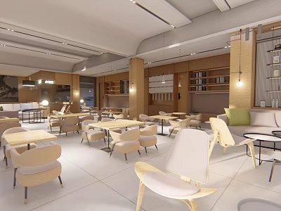 Modern Cafe Interior With Comfortable Tables Chairs Warm Lighting And Cozy Atmosphere 3d model