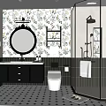 Stylish Bathroom With Floral Wallpaper Round Mirror Black Countertop Vanity White Toilet And Brass Shower
