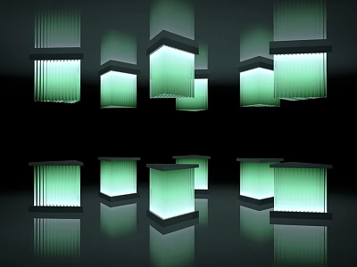 Pillars With Green Glowing Stripes Arranged on Black Background With Reflections 3d model