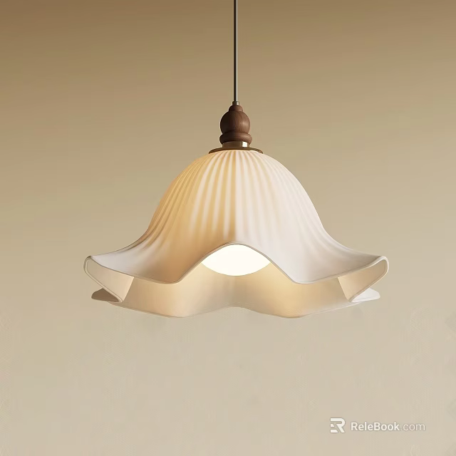 Modern Pendant Light with White Pleated Lampshade and Wooden Top for Minimalist Space 3d model 