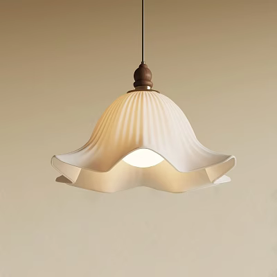 Modern Pendant Light with White Pleated Lampshade and Wooden Top for Minimalist Space 3d model