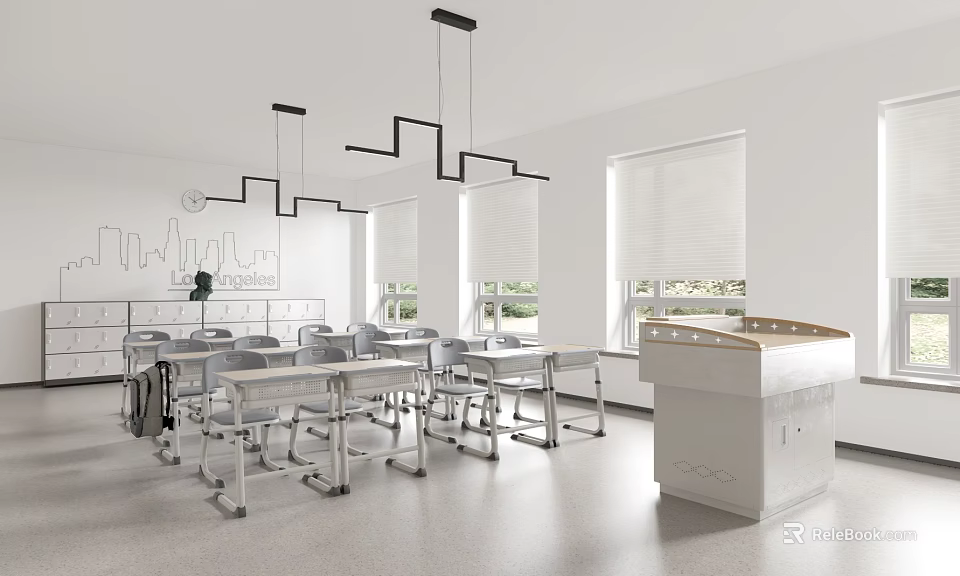 School Modern Classroom Interior with Student Desks Chairs Teacher's Podium Windows and Hanging Lights 3d model 
