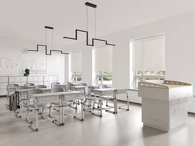 School Modern Classroom Interior with Student Desks Chairs Teacher's Podium Windows and Hanging Lights 3d model