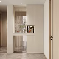 Modern Minimalist Entryway Interior Design With Storage Cabinets And Decorative Plant And Sliding Screen Partition
