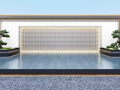 Modern Chinese Style Feature Wall Design With Lattice Grille Water Feature And Pine Trees 3d model