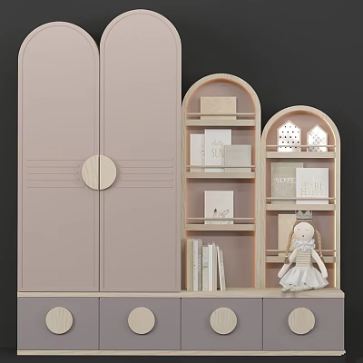 Pastel Pink Double Door Wardrobe With Round Knobs Drawers Arched Shelves Books Doll And Decor 3d model