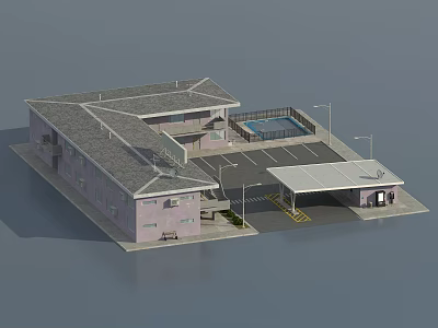 Light Purple Facility With Gray Roof Swimming Pool And Covered Parking Area 3d model