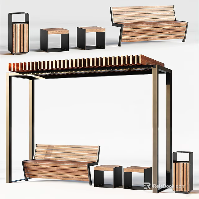 Outdoor Wooden Bench With Matching Stools Under Pergola Structure Design 3d model