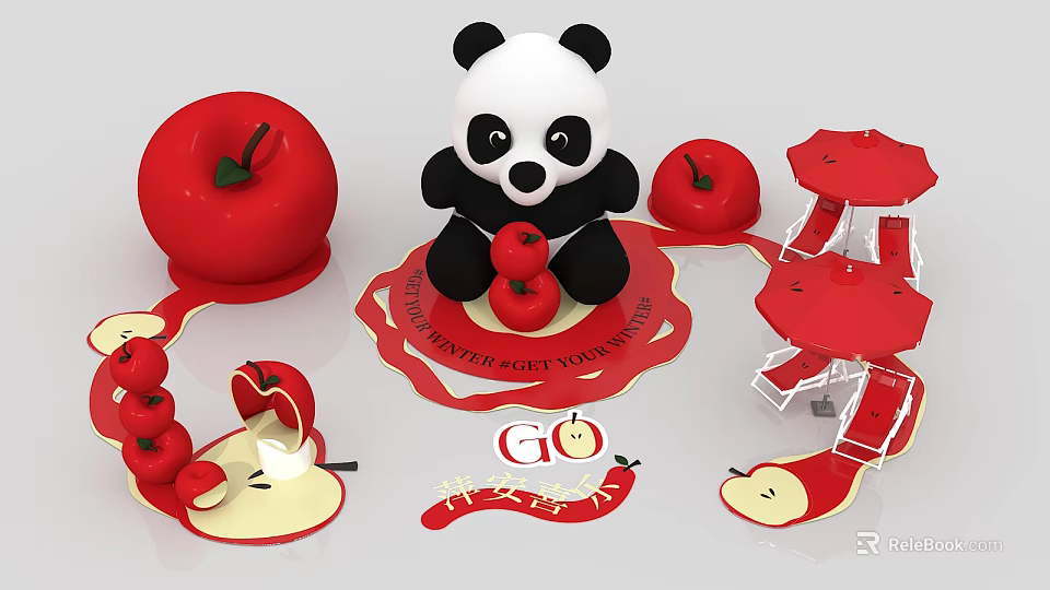 Cute Inflatable Panda Decor With Red Apple Shapes And Umbrella Structures 3d model