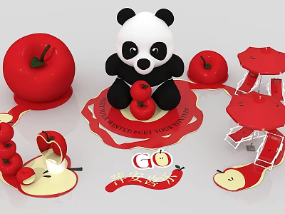 Cute Inflatable Panda Decor With Red Apple Shapes And Umbrella Structures 3d model