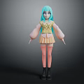 Anime Game Character With Teal Hair Yellow Top Skirt Pink Stockings And Black Boots