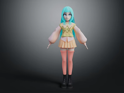 Anime Game Character With Teal Hair Yellow Top Skirt Pink Stockings And Black Boots 3d model