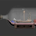 Decorative Ship Model in a Glass Bottle with Wooden Base and Nautical Design Details