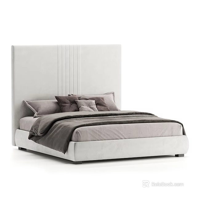 Double Bed with White Vertical Striped Headboard Gray Brown Pillows Cozy Linen Bedspread Modern Design 3d model 