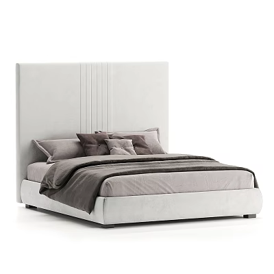 Double Bed with White Vertical Striped Headboard Gray Brown Pillows Cozy Linen Bedspread Modern Design 3d model