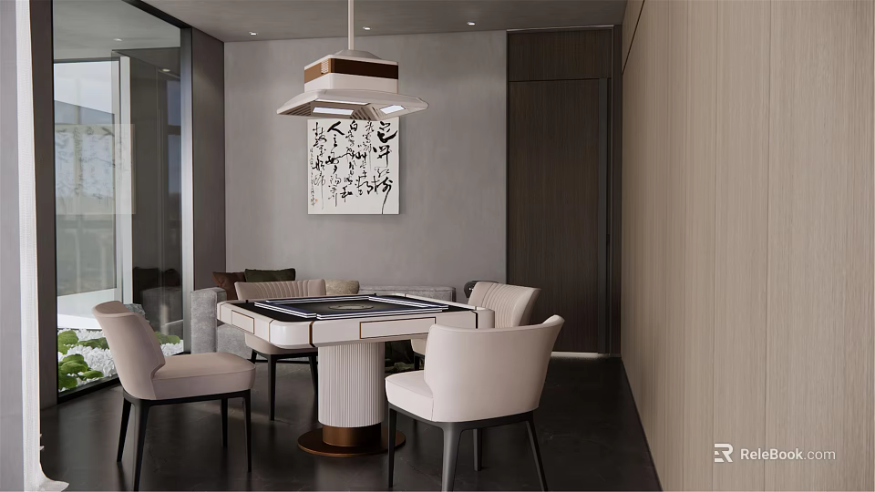 Elegant Modern Hotel Mahjong Room Interior With Mahjong Table White Chairs And Calligraphy Decor 3d model