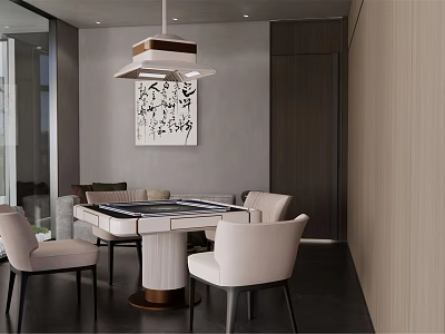Elegant Modern Hotel Mahjong Room Interior With Mahjong Table White Chairs And Calligraphy Decor 3d model