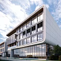 Modern Office Building with Glass Curtain Walls Surrounded by Greenery and Spacious Front Yard