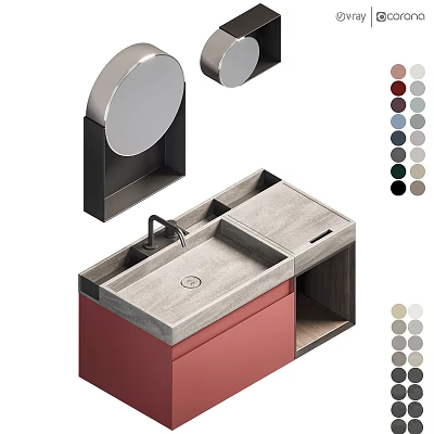 Modern Bathroom Vanity With Red Cabinet Gray Countertop Faucet And Mirrors 3d model
