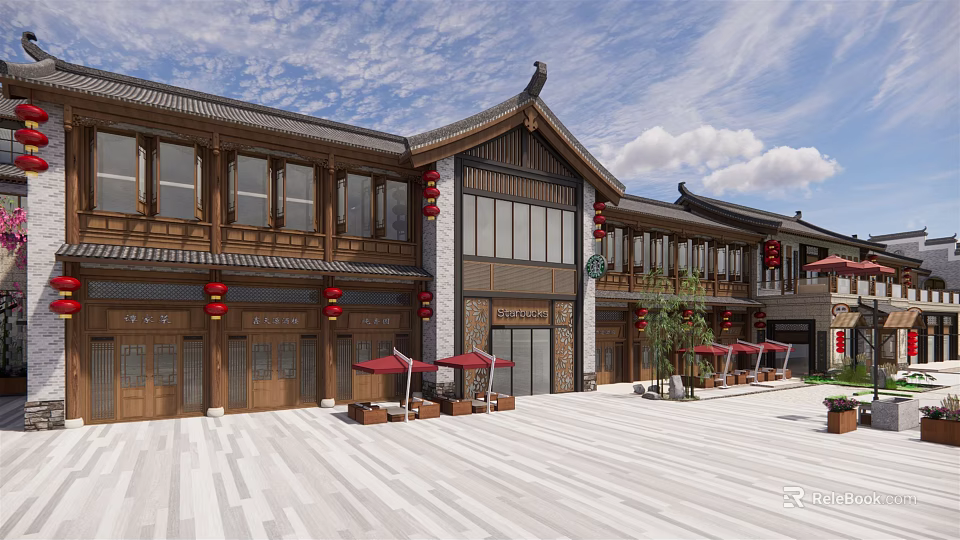 Traditional Chinese Commercial Street With Red Lanterns Outdoor Seating And Stone-paved Square 3d model 