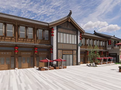 Traditional Chinese Commercial Street With Red Lanterns Outdoor Seating And Stone-paved Square 3d model