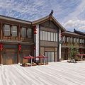 Traditional Chinese Commercial Street With Red Lanterns Outdoor Seating And Stone-paved Square